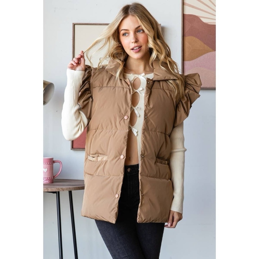 Veveret Camel Puffer Vest with Ruffle Shoulders